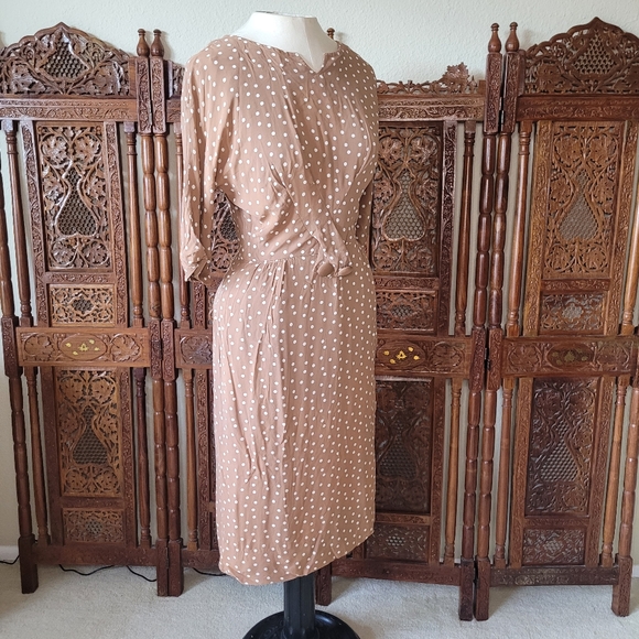 1950's Brown and White Polka Dot Wiggle Dress - Picture 1 of 15